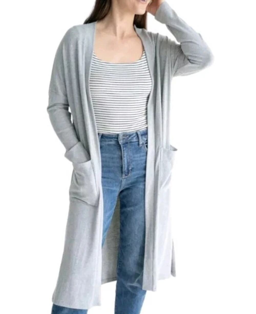 Magashoni Light Gray Long Cardigan duster Size Medium with pockets Open Front